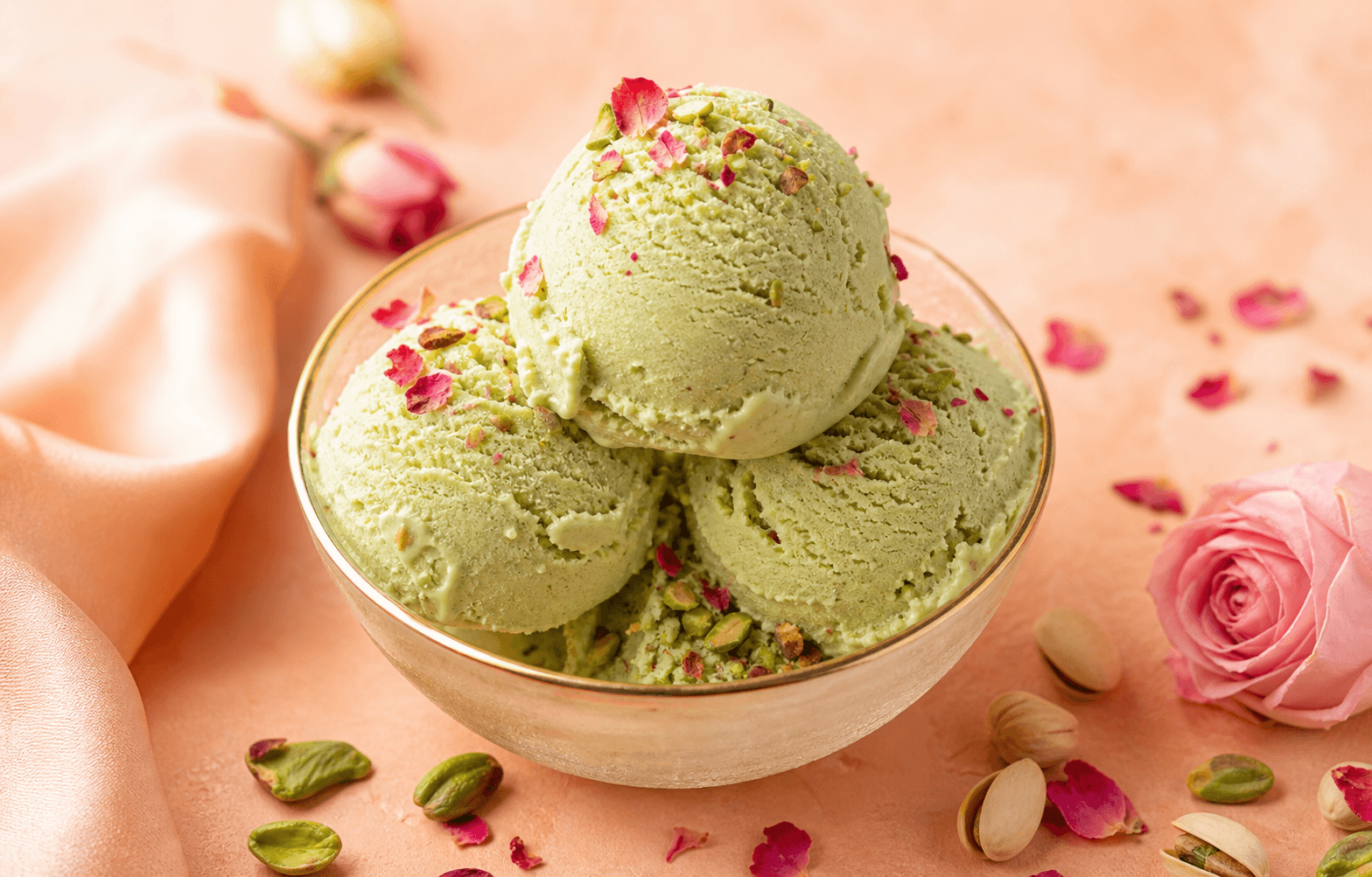 Scoops of strawberry and pistachio ice cream