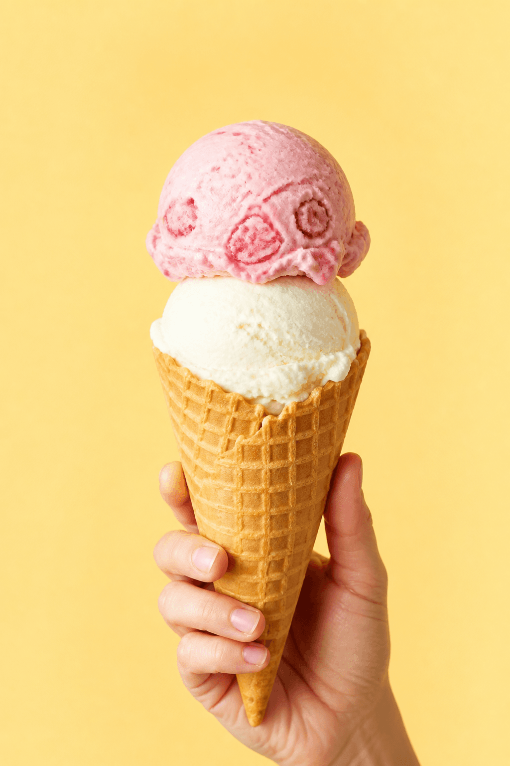 Strawberry and vanilla ice cream cone